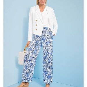 Talbots Blue and White Paisley Silky Satin Wide Leg Pants Womens Size M